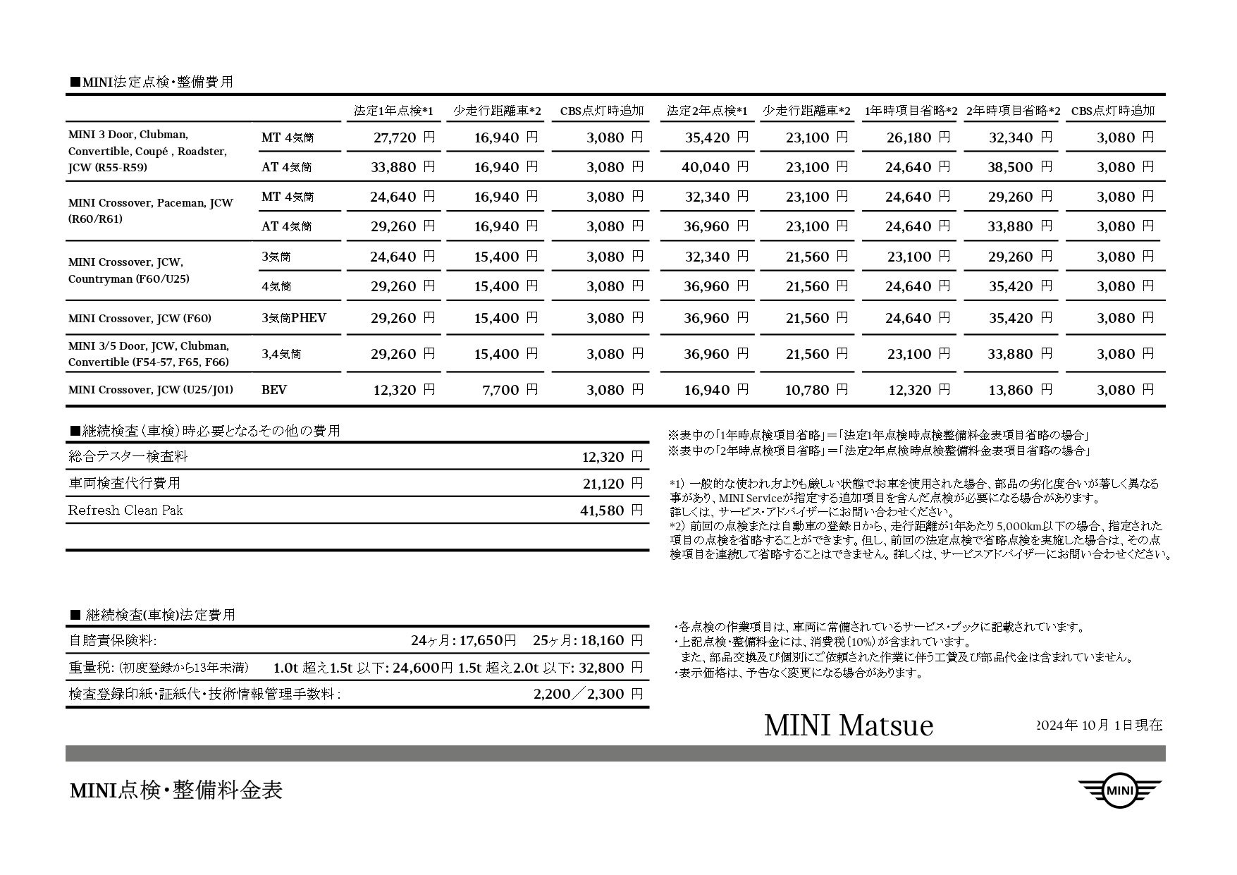 点検整備料金表 | MINI 松江 / MINI NEXT 松江